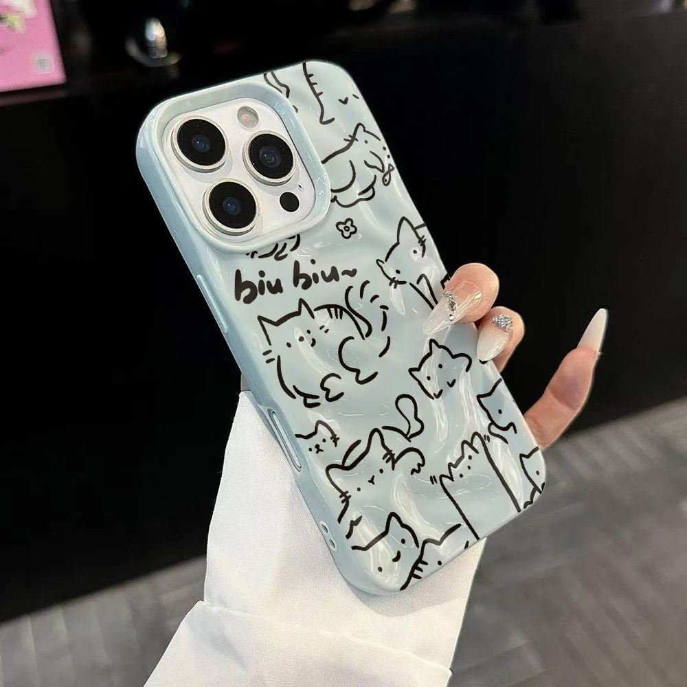 Kawaii Katzenlinien Niedliches Design Weiche Silikon-Handyhülle für iPhone 17 16 15 14 13 12 11 Pro Max 14 Plus 17Air Falten-Wellen-Design – Detail 2