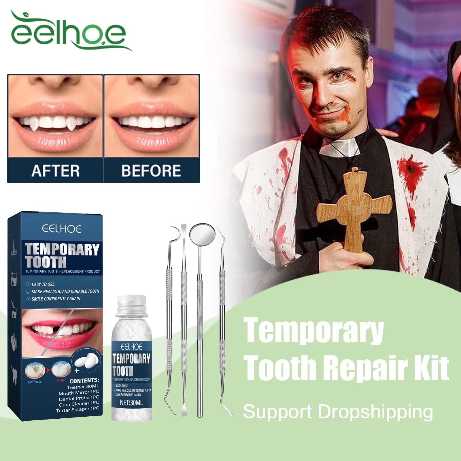 Temporary Teeth Repair Kit Shapeable Teeth Modification Filling Broken Dental Halloween Makeup Dentures False Teeth Solid Glue