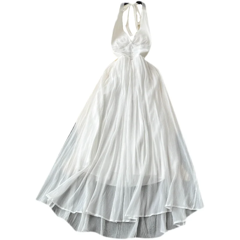 夏の新作レディーススリムVネックガウン、セクシーな露出度、細見え、ハイウエスト、Aラインロングドレス...