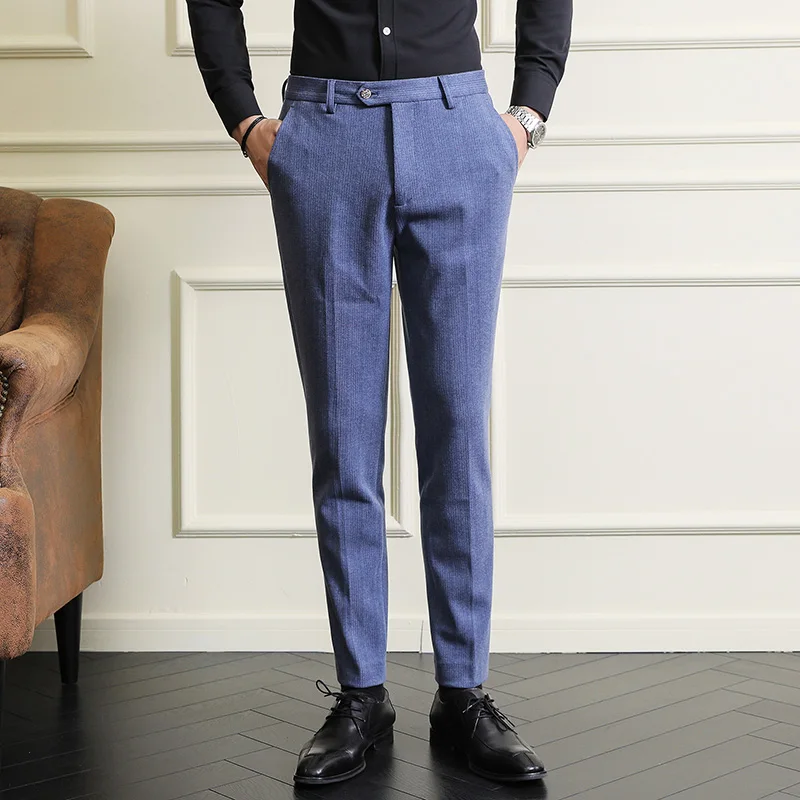 

Winter Woolen Thick Pants Men Clothing High Quality Fashion Warm Men's Striped Pants All Match Business Formal Wear Trousers Man