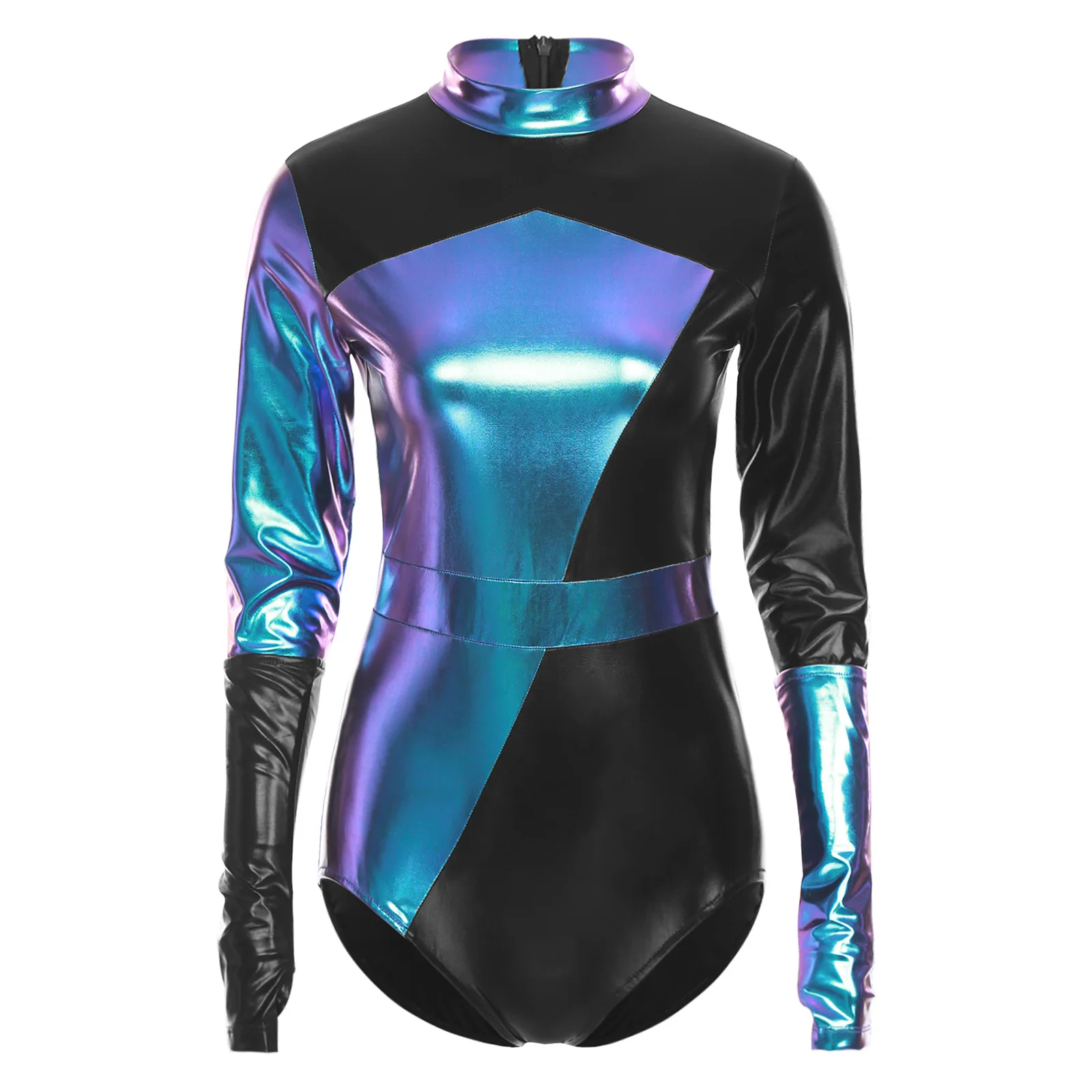 المرأة لامعة لامع الجمباز الباليه جيرسي ثياب زي رومبير فني الرقص الجسم القمم Unitard بذلة مع أكمام أذرع تبريد