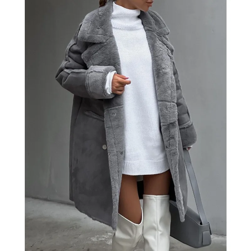 New Women Loose Cardigan Large Coat Autumn Winter Plush Warm Windbreaker Coat Women Long Sleeve Turn-down Collar Trench Coat