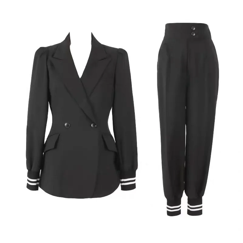 Blazer feminino com cintos e terno de calças, calças de manga comprida, senhora do escritório, moda nova, conjunto 2 peças, 2023