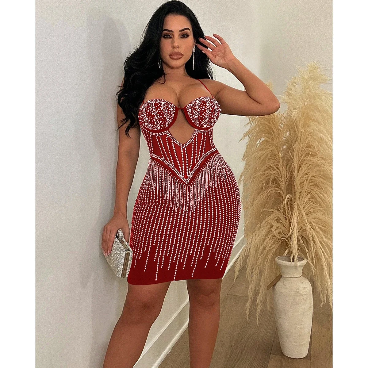 

Wishyear Luxury Sleeveless Backless Bodycon Mini Night Club Party Dress Women Sparkly Diamonds Crystal Rhinestone Birthday Robe