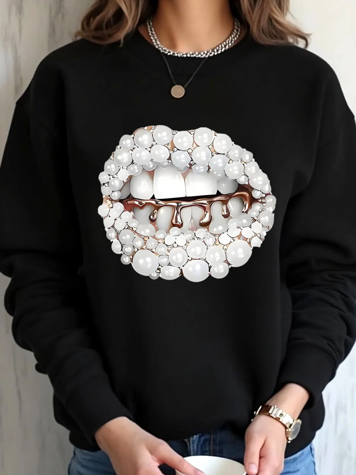 Women Oversized Sweatshirt Christmas Pearl Lips Print Outdoor Wear