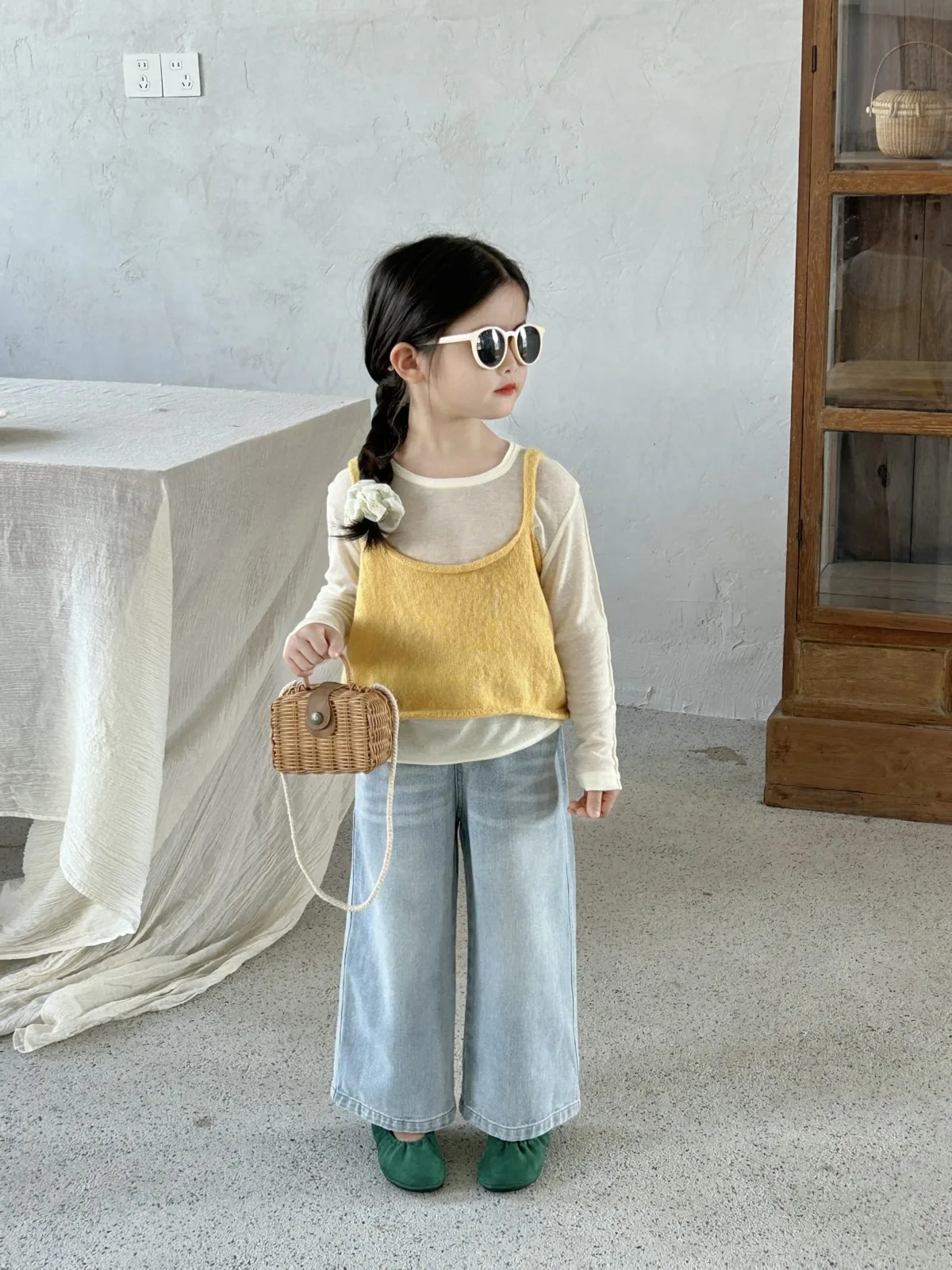 two pcs set 2025 Spring New Girl\'s Double layered Thick edged Long sleeved T-shirt Korean  Children\'s Cake Skirt