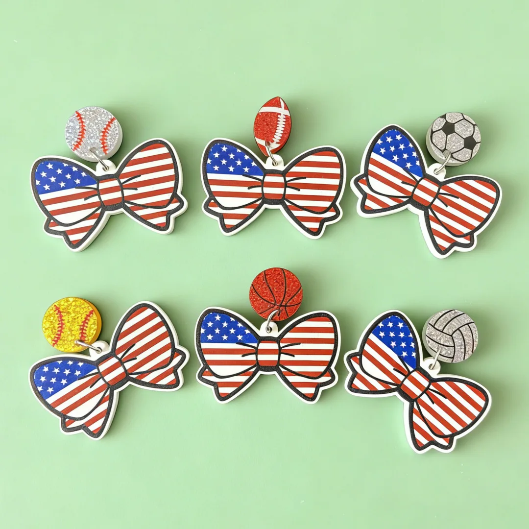 

Glitter Acrylic Baseball Football and Star Stripes Bow Independence Day Patriotic Earrings Sports Jewelry Gifts