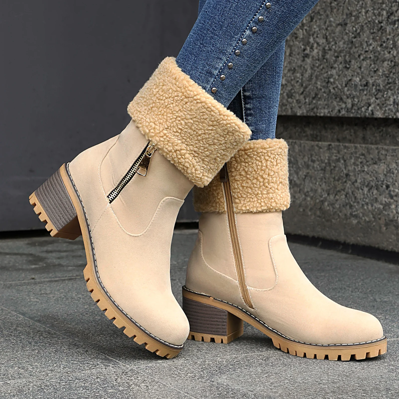 

YMECHIC 2025 European American Ankle Boots Winter Solid Color Versatile Suede High-heeled Plus Size Cotton Women Shoes New Item