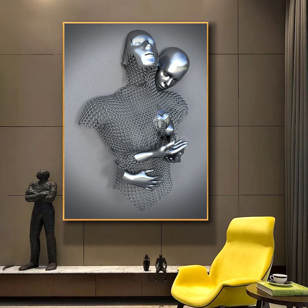 Abstract 3D Romantic Lover Metal Figure Statue Canvas Painting Posters Prints Wall Art Picture For Living Room Decor Home Decor