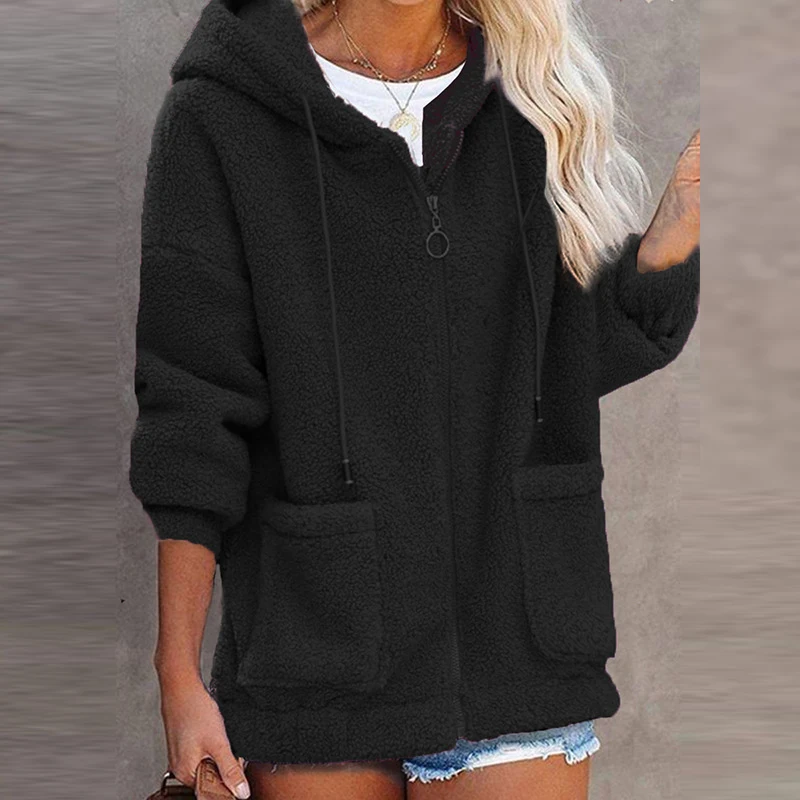 Autumn Winter Warm Jacket Women Casual Hoodies Coats Long Sleeve Outwears Solid Pocket Zipper Plush Coats