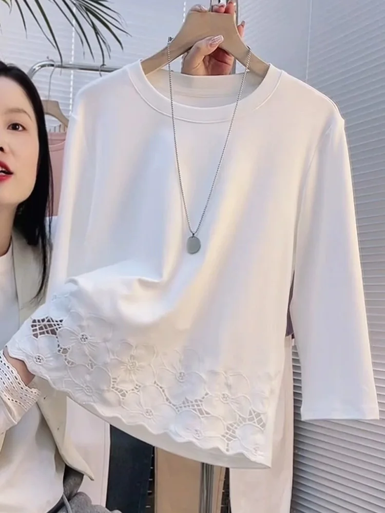 

Повседневная свободная круглая футболка с кружевом Ne Eight Sve, женский удобный шелковый топ премиум-класса Sensation на осень