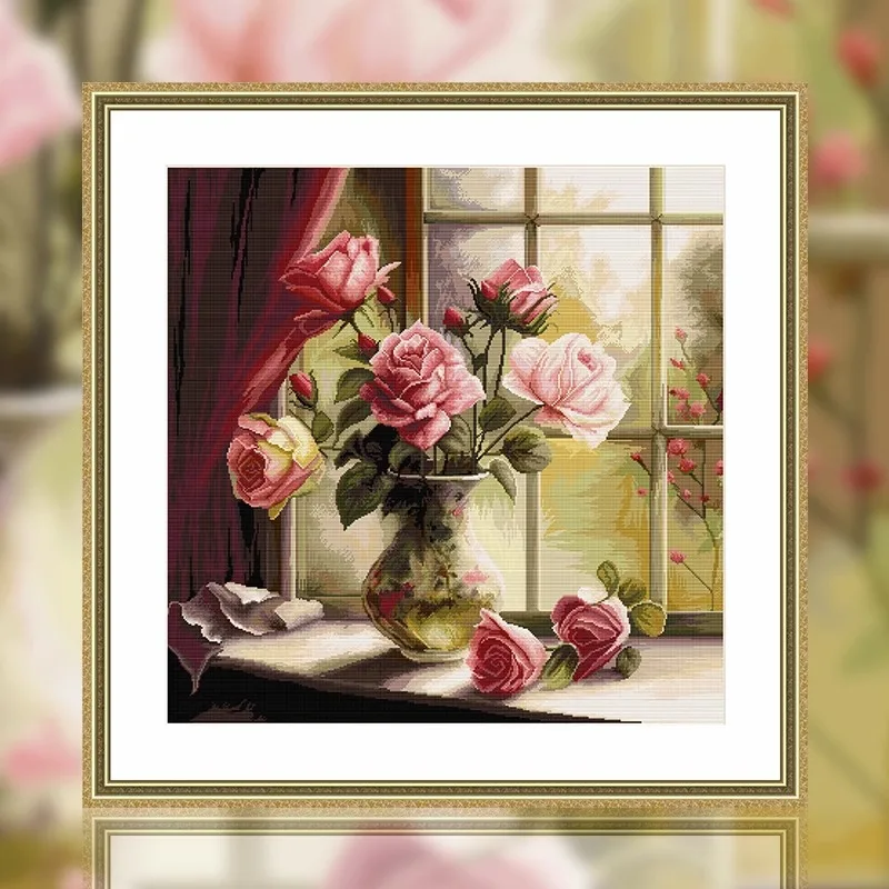 

Printed cross stitch kit for the living room and bedroom wall decoration, European floral patterns and Sunset roses