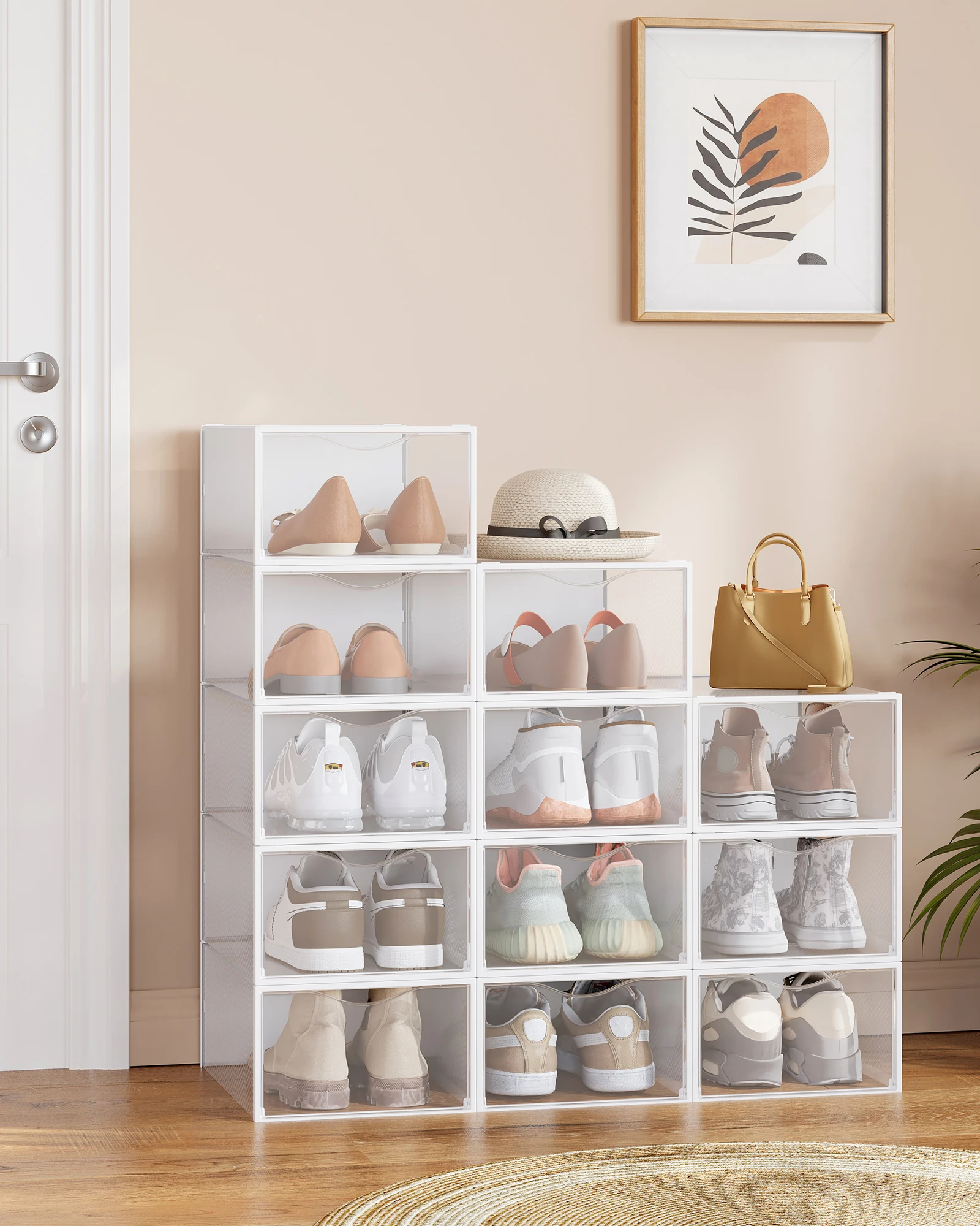 Boîtes à Chaussures, avec Porte, Lot de 12, Empilables, Montage Facile, 33,2 x 23 x 14,5 cm,  Transparentes et Blanc Nuage/Noir d'Encre