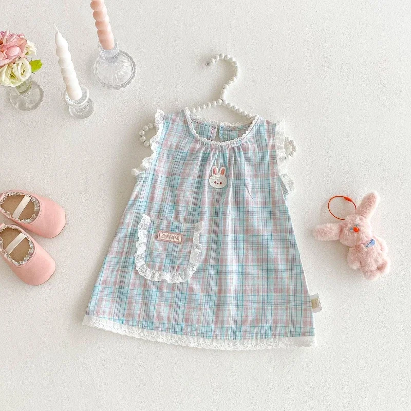 

Girl's Little Rabbit Embroidery 2025 New Summer Checkered Cotton Lace Tank Top Dress
