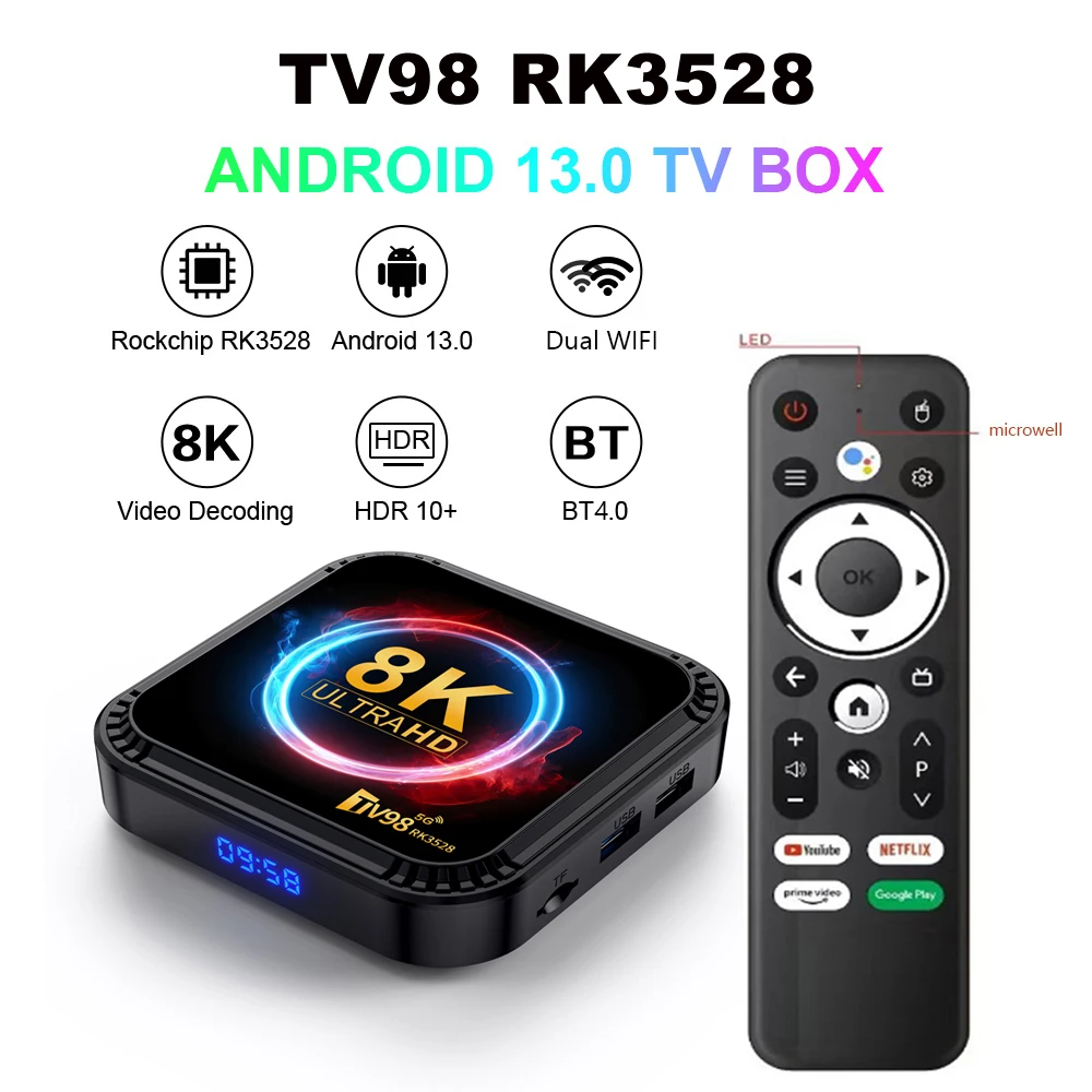 

Smart TV Box RK3528 TV98 Android 13 Support 8K Video 4K HDR10+ Dual Wifi Bluetooth 5.0 2G 16G 4G 64G Set Top Box Media Player