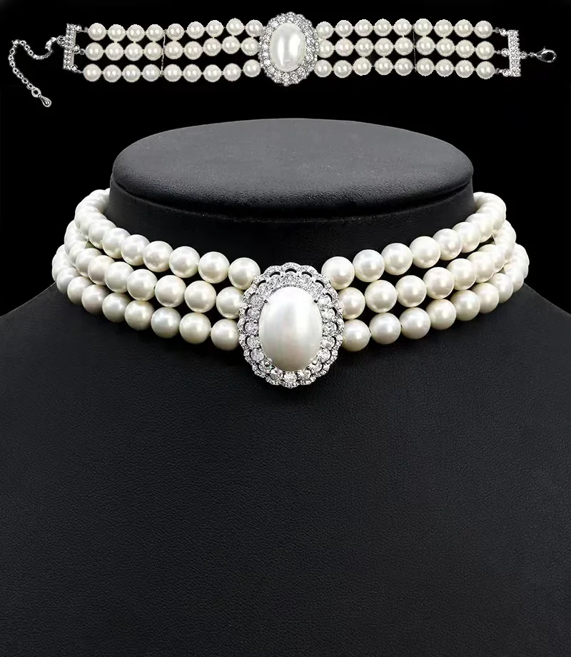 EYER Charm Pearl Jewelry Sets for Women Party Wedding Statement Multilayer Pearl Necklace Choker Bracelet Jewelry dress