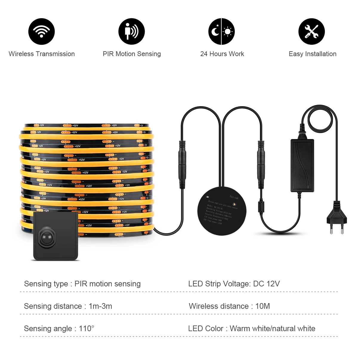 5m 10m PIR Motion Sensor Black PCB COB LED Strip Infrared Induction Night Light Strip For Stair Hallway Under Bed Lighting