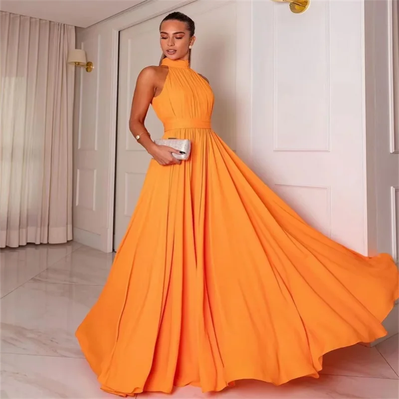 2025, maßgeschneiderte Orang-Chiffon-Abschlussballkleider, Stehkragen, ärmellos, elegante lange Abendparty-Kleider, geschlitztes Damen-Kleid in A-Linie