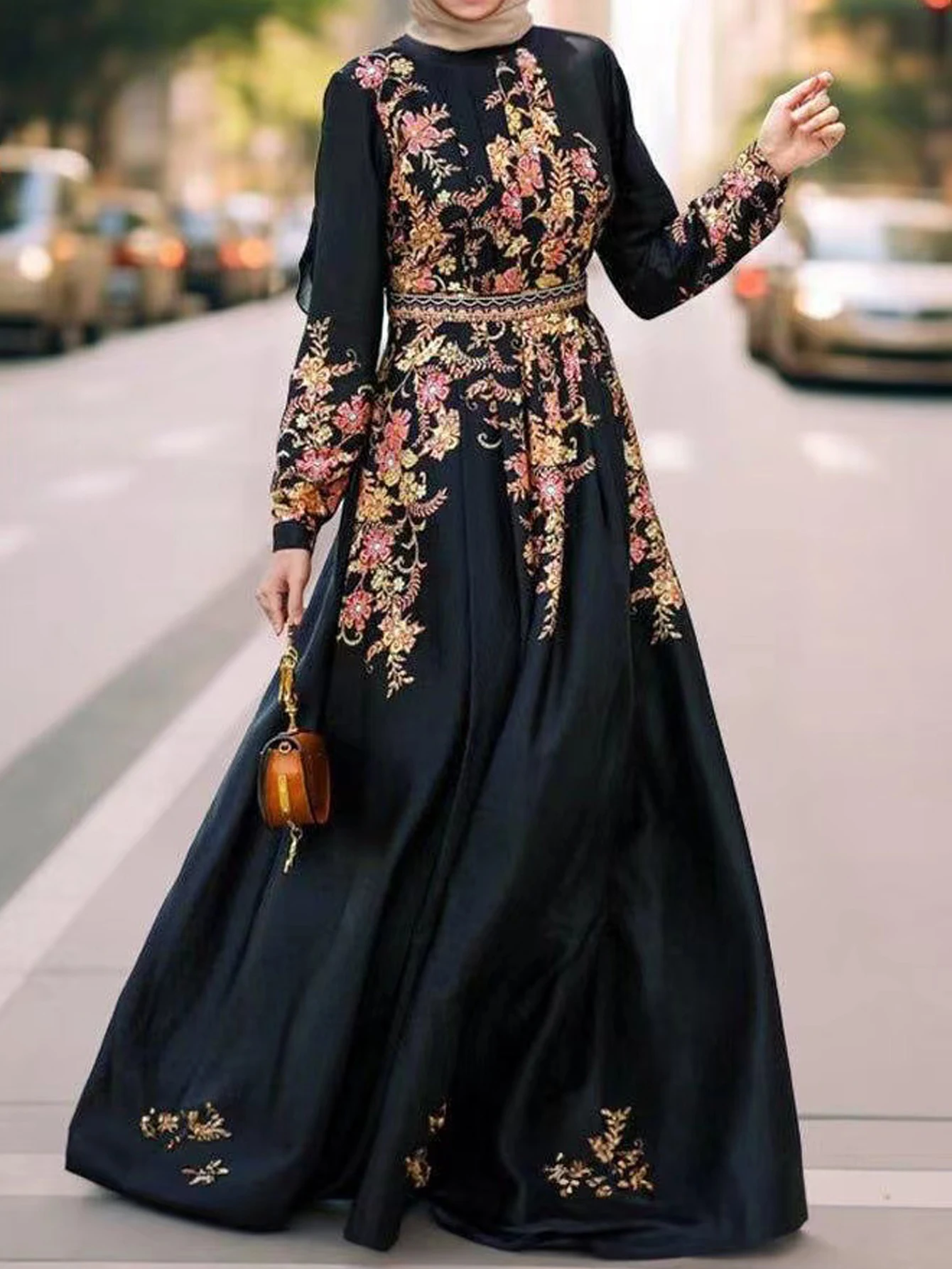 Elegant Floral Muslim Dress Turkey Abaya Hijab Vestidos Women Fashion Robe Bohemain Printed Sundress Islamic Clothing