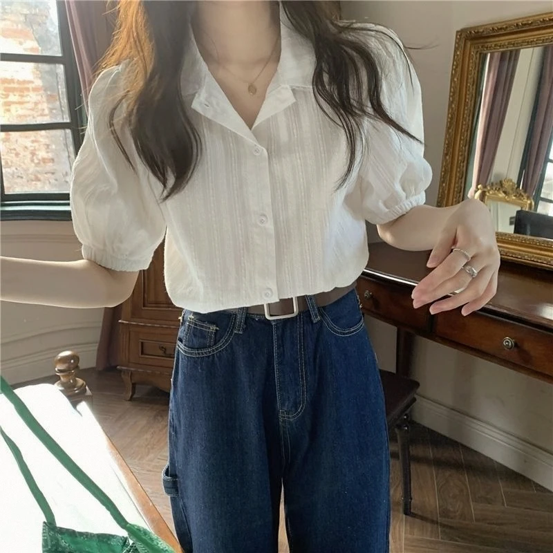 Cotton Lace Trim Short Sleeve Shirt Women's Summer Sweet Doll Collar Design Sensation Open Cardigan Top Breathable Polyester ...