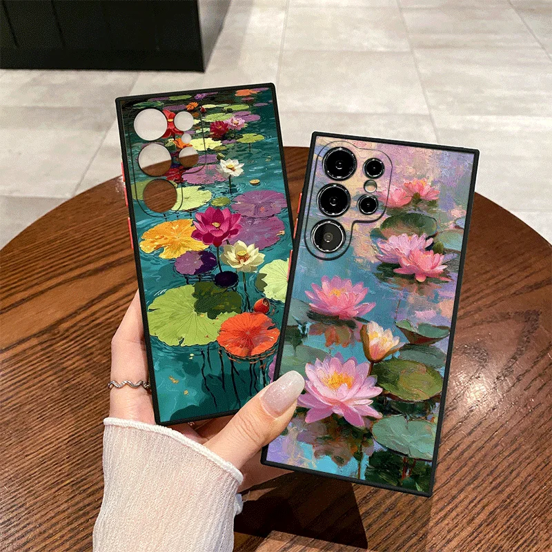 Artistic Pink Lotus Flower Oil Painting Phone Case for Samsung Galaxy S26 S25 S24 S23 Ultra S22 Plus S21 FE S24+ Hard Back Cover