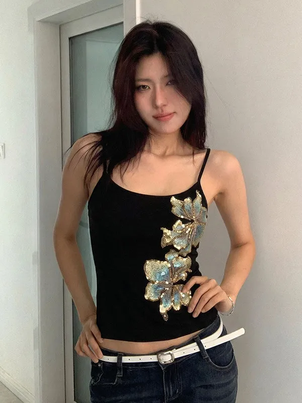 Y2k Vintage Goth Punk 2000s Sequins Slim Woman Clothes Summer Tank Top Sexy Harajuku High Street Femme Hot Sexy Kpop Chic Tee