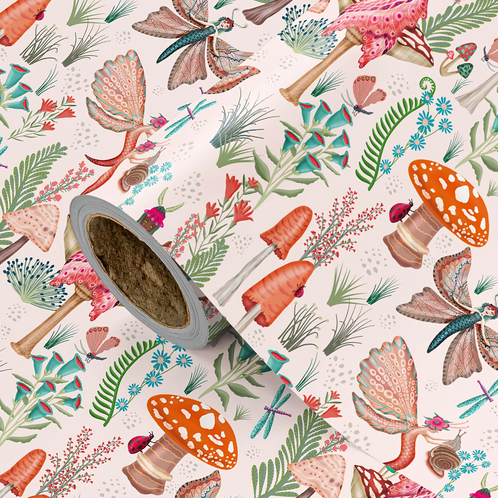1 Rolle Geschenkpapier |     Hellrosa Hintergrund mit Pflanzen-, Pilz-, Blumen- und Insektenmustern - Fantasy-Wald-Thema - 43,2 cm × 500 cm (17 Zoll × 16,5 Fuß)
