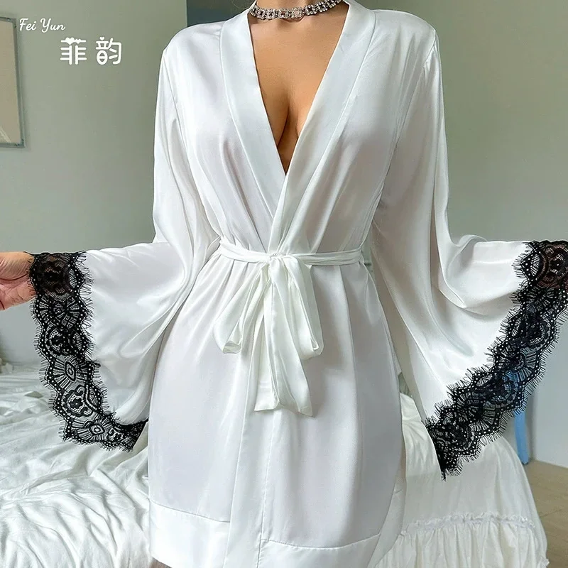 

Sexy Flare Sleeve Kimono Gown Women Wedding Robe Silk Rayon Home Dress Elegant Sleepwear Cozy Nightgown Intimate Lingerie
