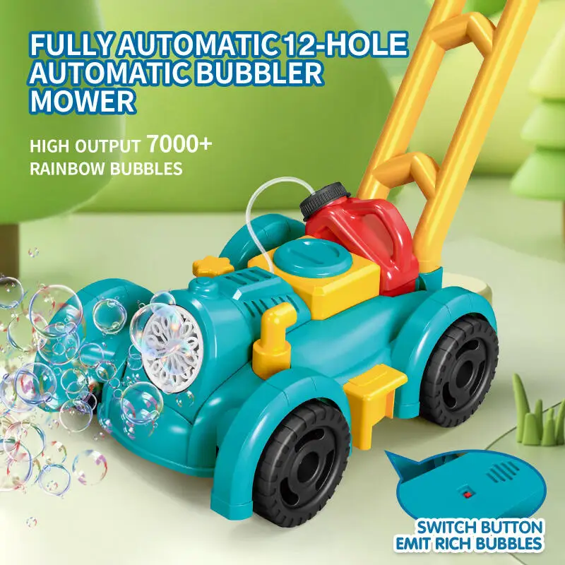Carrinho automático de bolhas com luzes para crianças Carrinho de mão Soap Bubble Blowing Brinquedos ao ar livre Presentes de jogo Walker Cortador de grama de 12 furos