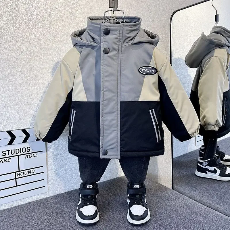 

Boys Windproof Hooded Patchwork Winter Cotton Coat 2024 New Baby Clothing Parker Fleece Coat Children's Jacket Thick Windbreaker