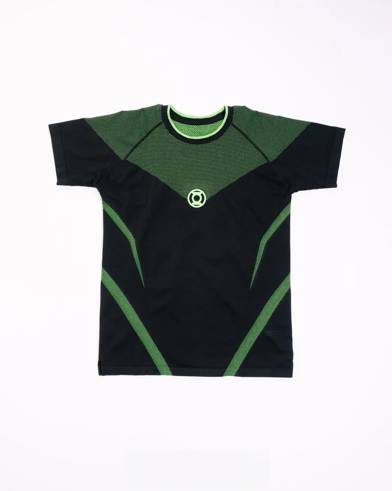 Green Lantern Herren T-Shirt in Grün-Schwarz, eng anliegend, kurzärmelig, für Fitnessstudio, Training, schnelltrocknend, Sport-Fitness-T-Shirt – Detail 6