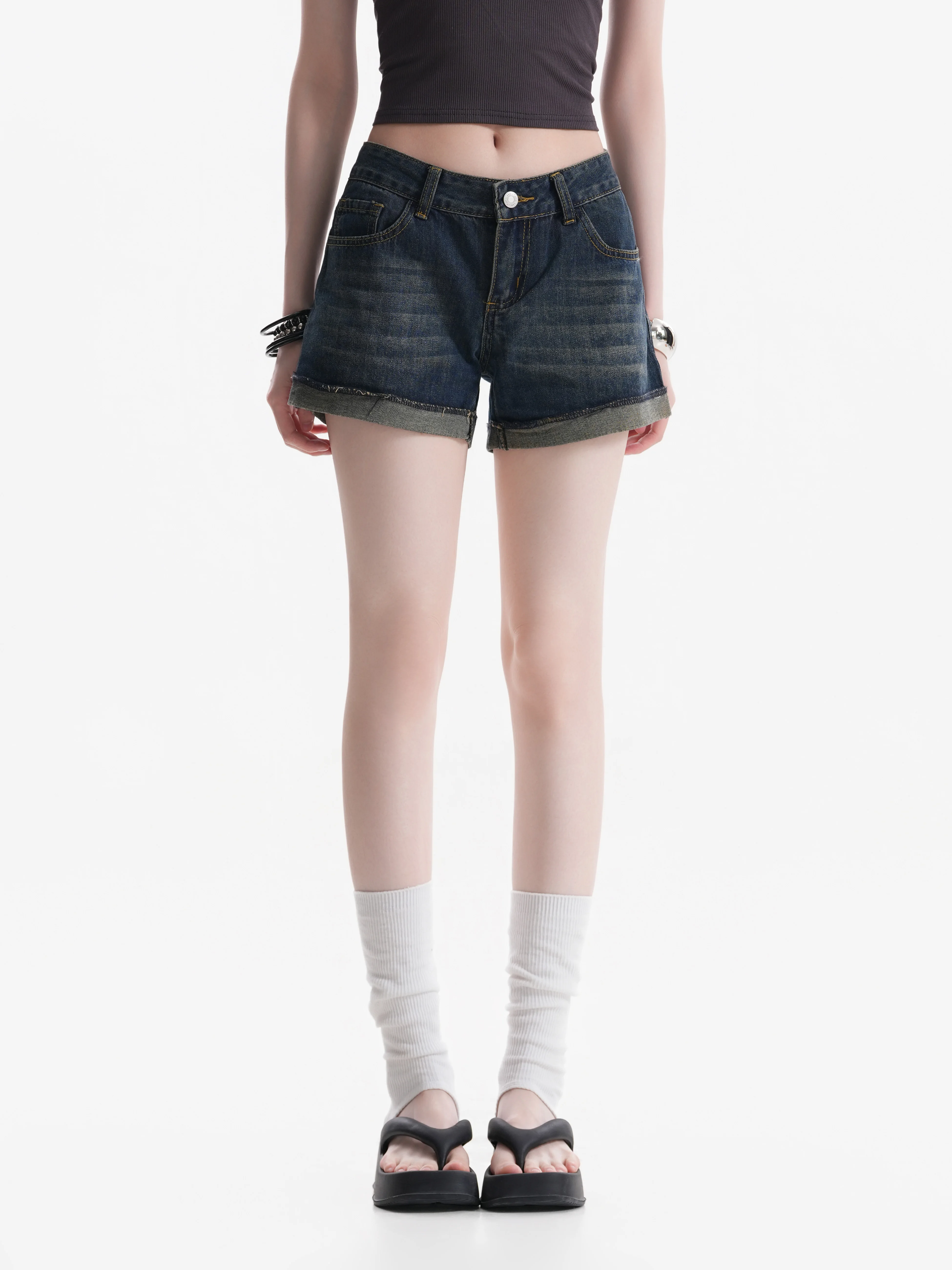 Retro American Vintage Distressed Hem Denim Shorts Women's Summer Spicy Slim Fit Shorts Cleanfit Washed Natural Waist Wide Le...