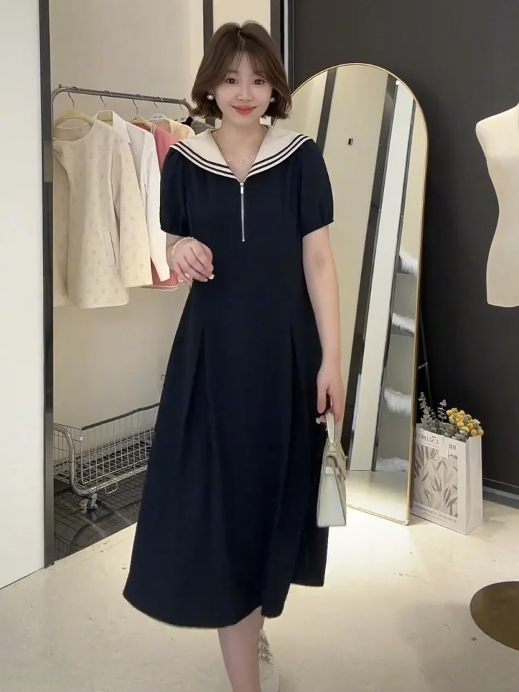 

plus Size Summer New Style Women's Dress Naval Collar Splice Conceal Meat Anti-Aging Long Skirt Casual Loose Fit High Waist
