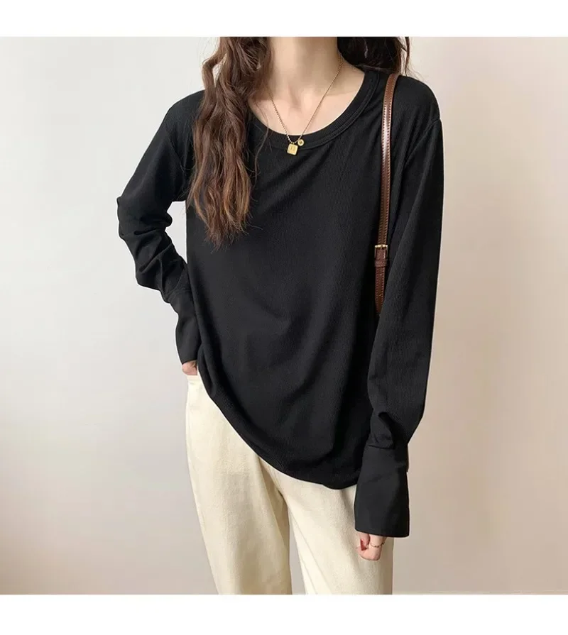 

Autumn New Long Sleeve T-Shirt Women Basic Tee Shirt Oversized Button Sweatshirts Korean Women Casual O-neck Women Tshirt