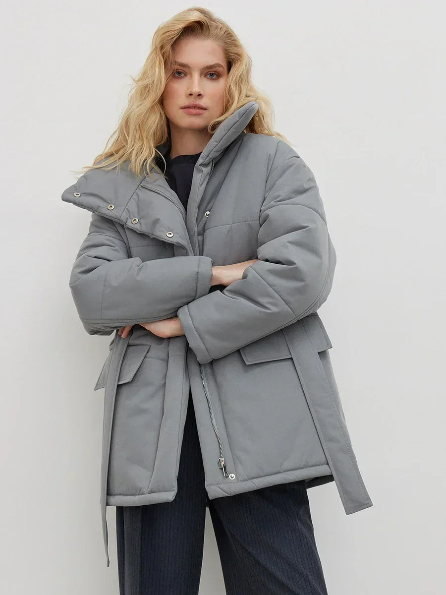 Bornladies gewatteerde jas dames winter losse parka jas vintage gordel uitloper kantoor dames warme katoenen puffer jassen