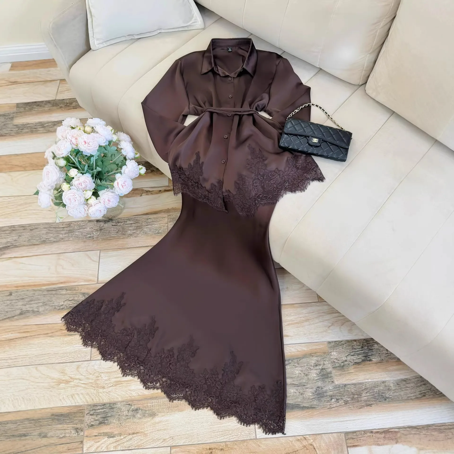 

Women Two Piece Sets Skirt Set Turn Down Collar Lace Sexy Full Sleeve Tops Long Skirts High Waist Y2k Streetwear Elegant Work