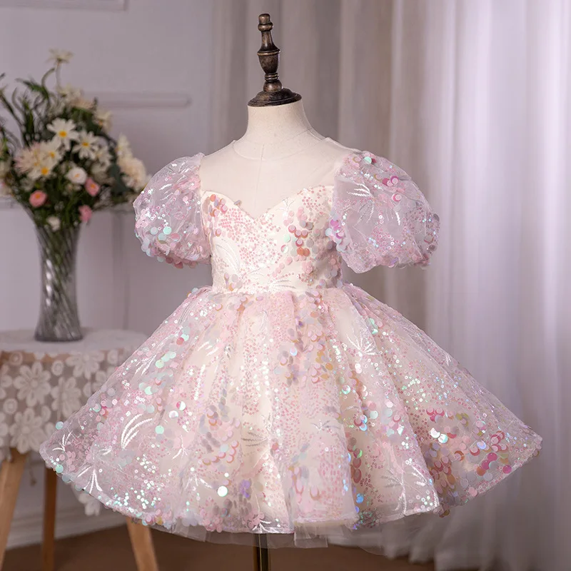 Girls Cute Birthday Wedding Performance Princess Ball Gown Children Fashion Sequins Design Fluffy Dress g169