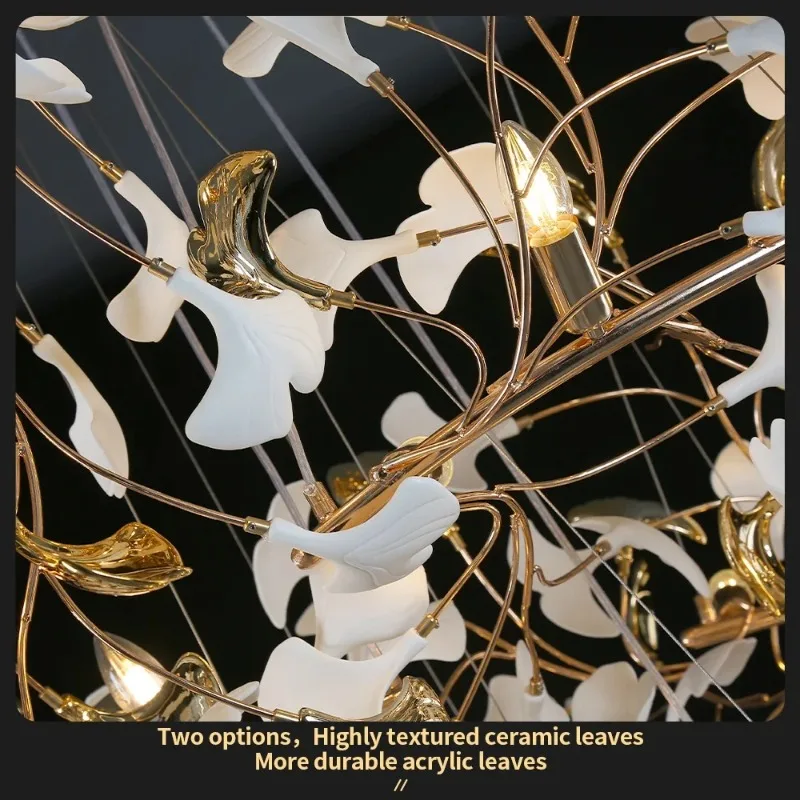 Современные подвесные лестничные люстры с листьями гинкго для зала, вестибюля, роскошные большие дизайнерские высокие потолочные люстры для гостиной, S-образная форма