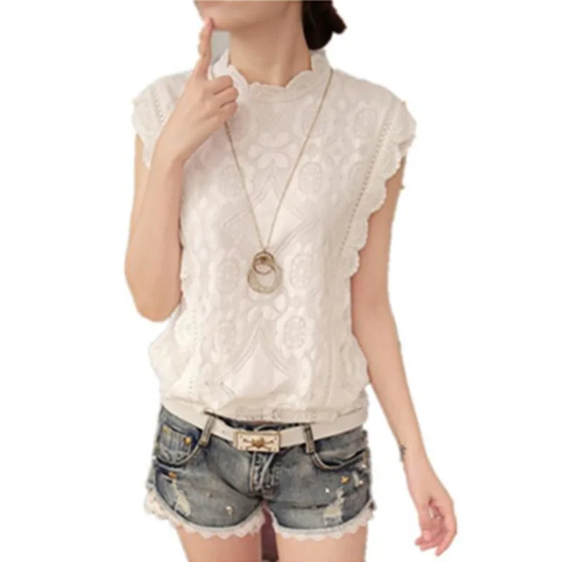 Summer Chiffon Blouse Women's Top 2025 New Sleeveless Office Lace Blouse Women Casual Stand Collar Base Shirts