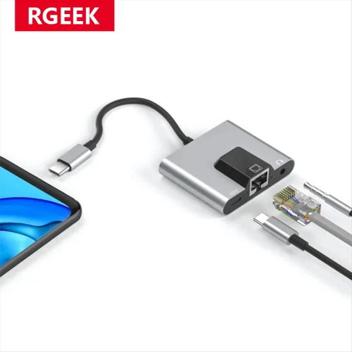 Imagen 2 del producto RGEEK tipo C a Ethernet LAN adaptador de red Hub USB C a 3,5mm Audio PD estación de acoplamiento de carga para iPhone Android