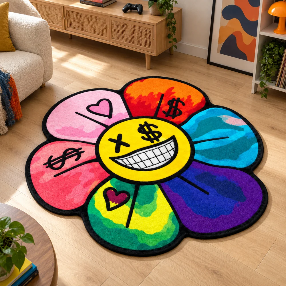 Colorful Money Flower Shaped Area Rug, Smiling Dollar Face Novelty Floor Mat For Bedroom, Dorm, Living Room Decor And Gifts
