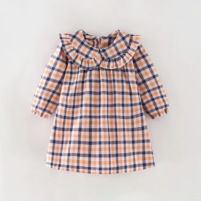 Retro British Style Girls Plaid Dress Spring Autumn New Baby Girl Ruffled Doll Collar Casual Long-Sleeved Princess Dresses