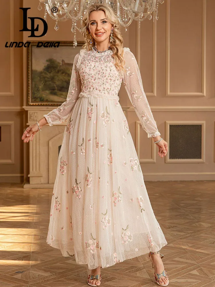 

Новое женское длинное платье LD LINDA DELLA Весна/Лето 2025 с круглым вырезом, сеткой, ретро-вышивкой в виде цветов и краем «грибок» на талии