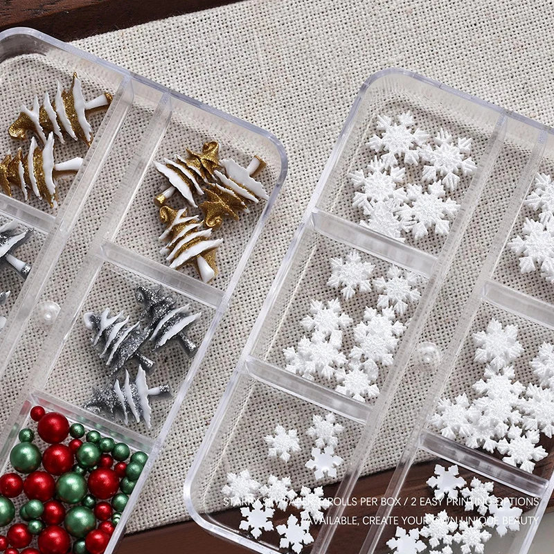 ลูกปัดตกแต่งเล็บลายเกล็ดหิมะสีแดง/เขียว 6 ช่อง/กล่อง ขนาดคละสี หลากสีสัน สำหรับตกแต่งเล็บช่วงคริสต์มาส