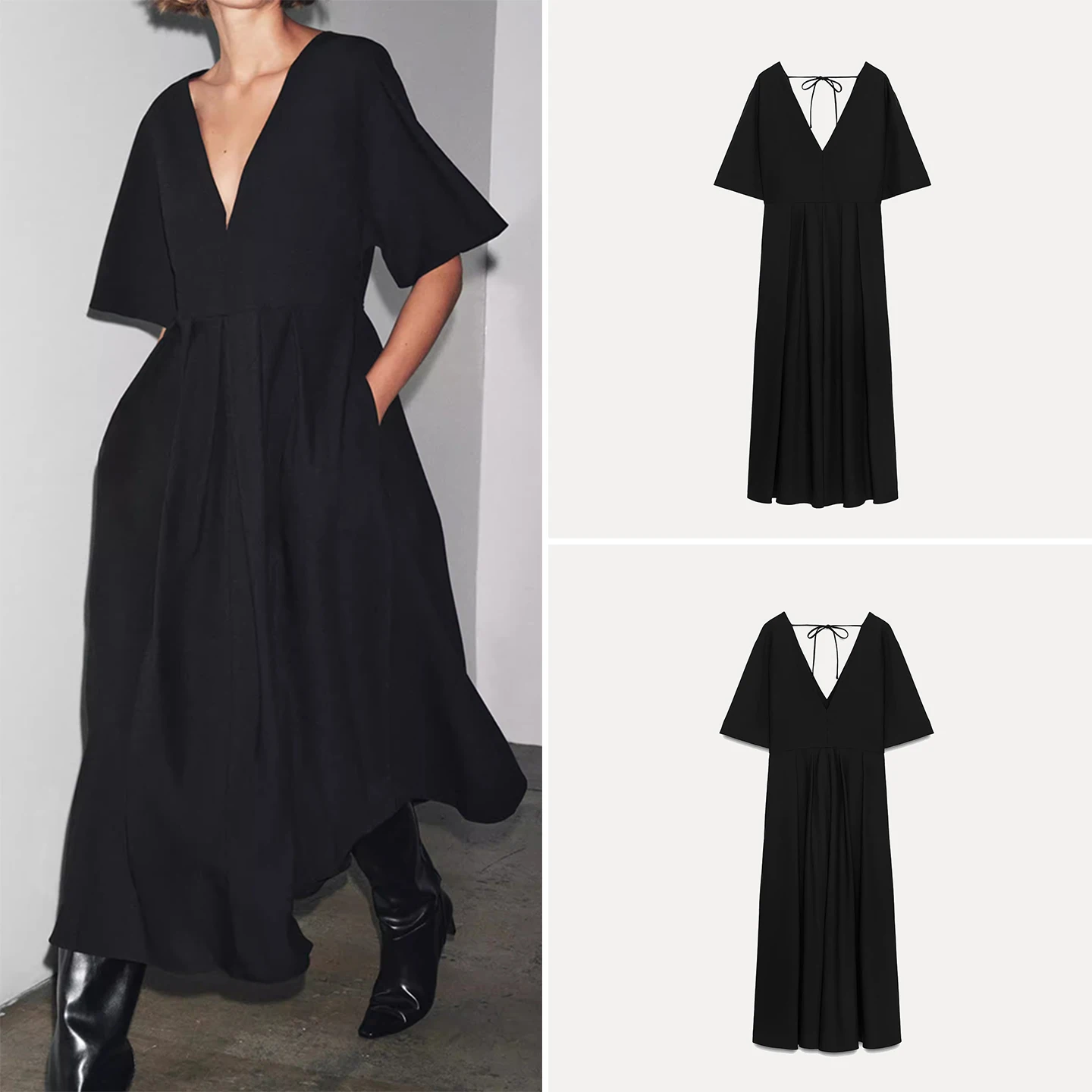 فستان نسائي طويل من Z بأكمام قصيرة وياقة على شكل V، تصميم أنيق وعصري لعام 2025 #4