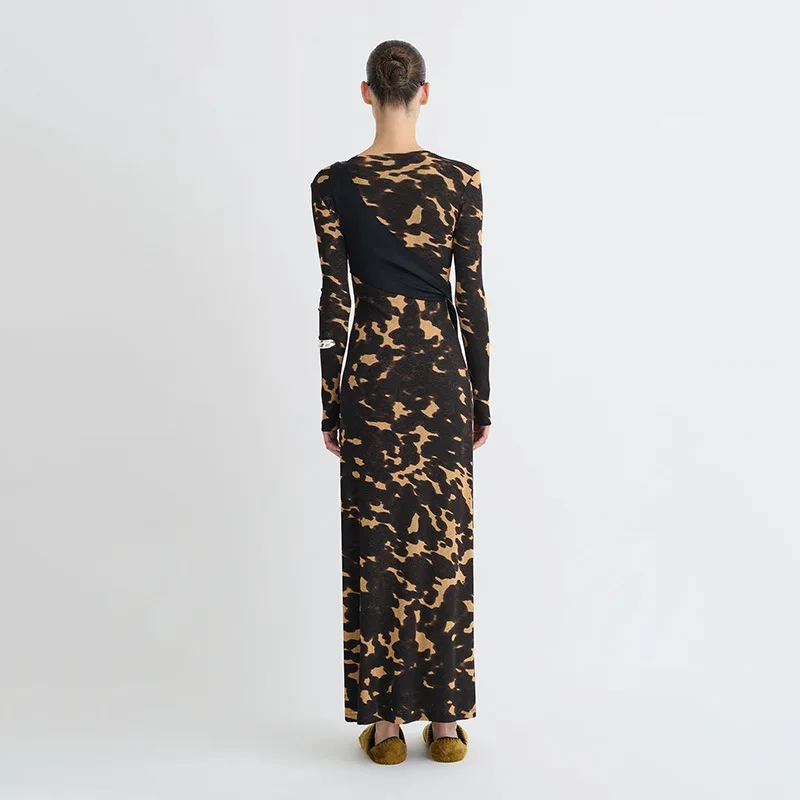 ブラウンヒョウ柄女性プロムドレスストライプフルスリーブロングシースパーティードレス秋フォーマルゲスト誕生日ローブ