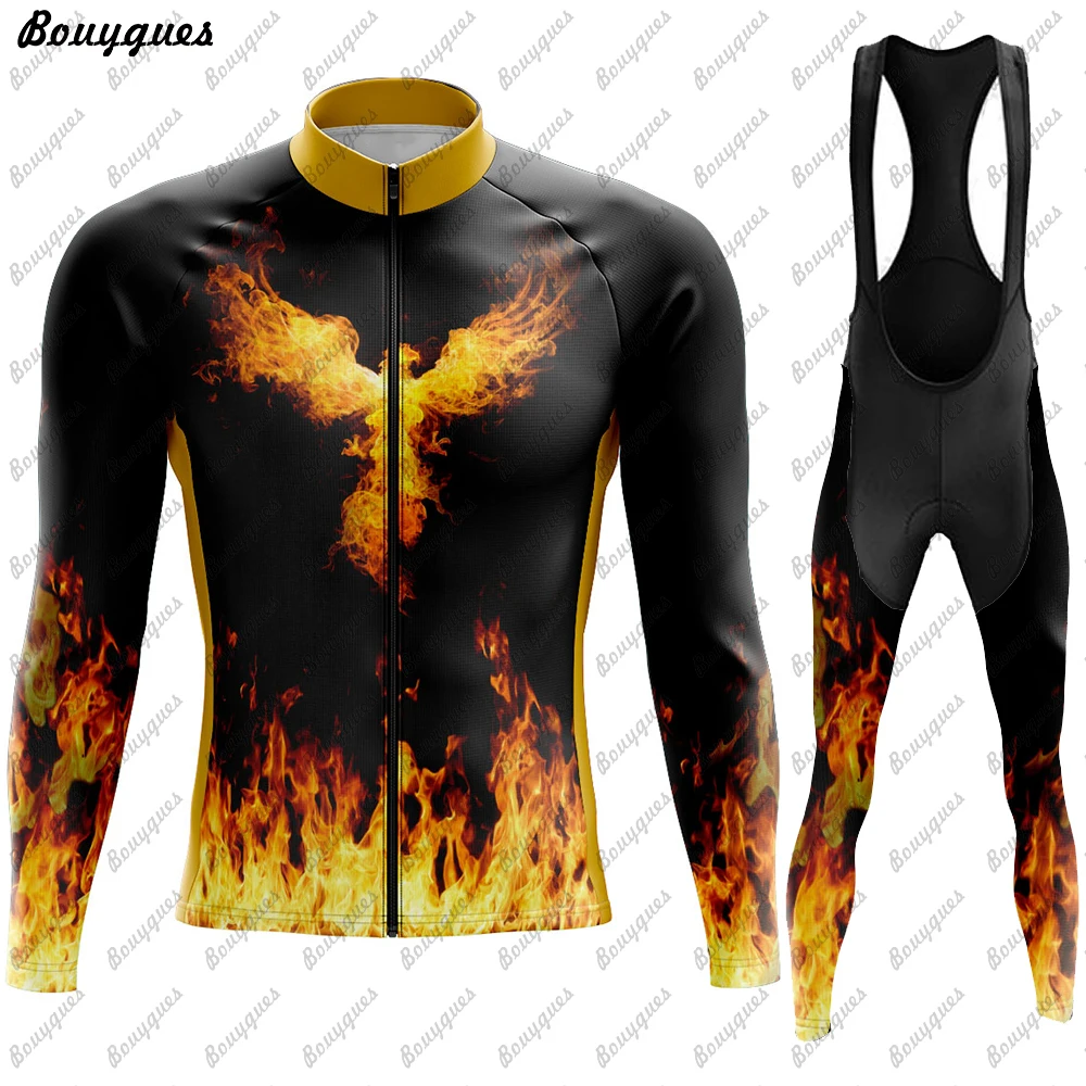 Black Burning Eagle Men Fleece And Thin Cycling Clothes Set Long Sleeves Jersey Suit Outdoor Riding Bike MTB Bib Pant Clothing