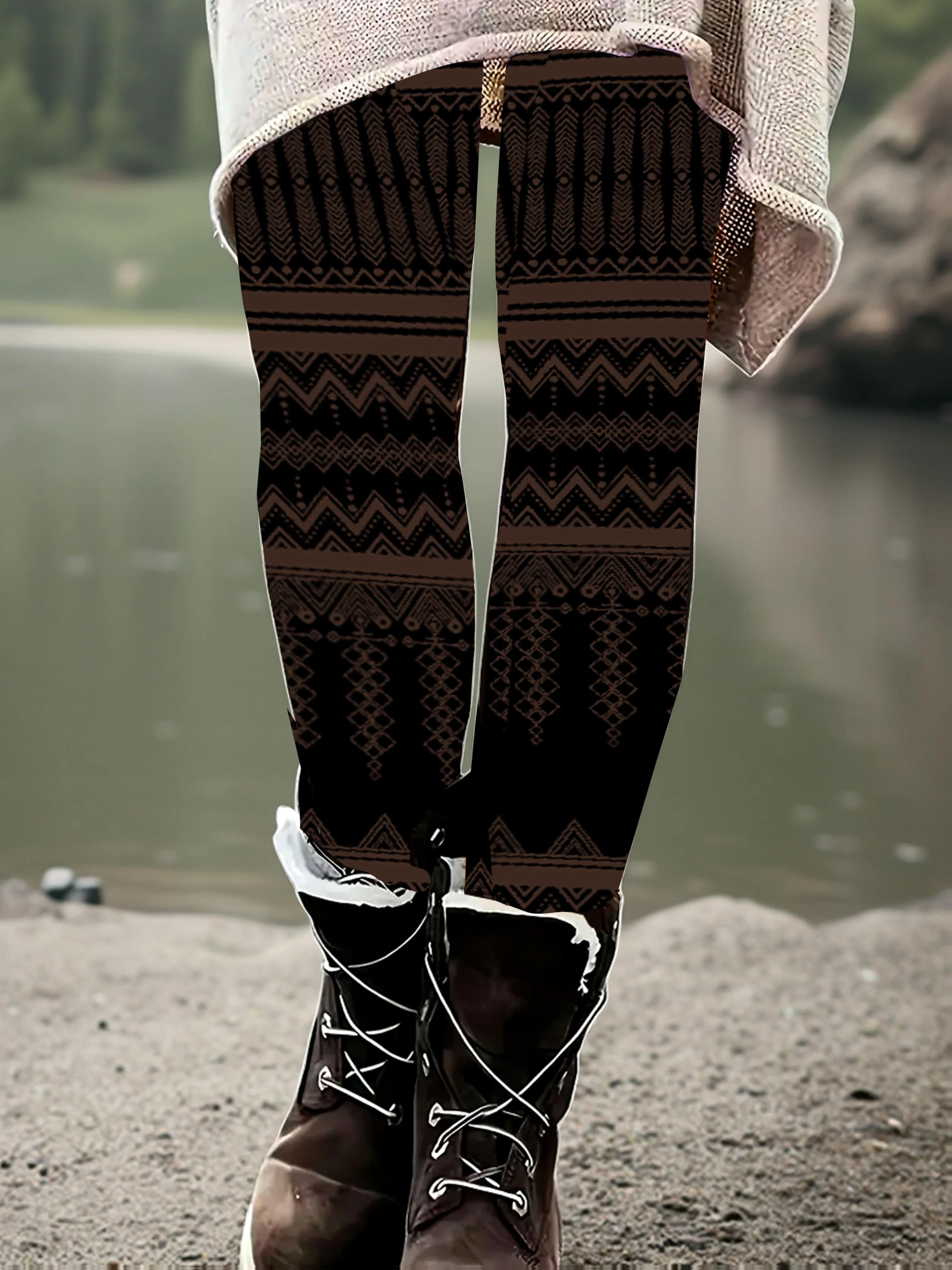Women Mid‑Waist Fleece Lined Ankle Length Leggings Brown Aztec Geometric Print Stretch Slim Warm Elastic Casual Daily  Pants