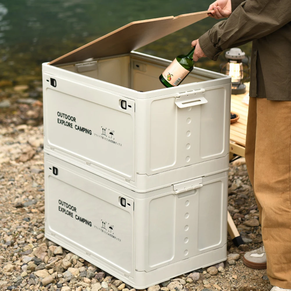 Mallette de rangement pliante pour voiture avec couvercle en bois, bac en plastique, grande capacité, multifonctionnel, maison, extérieur, camping, articles, 30L