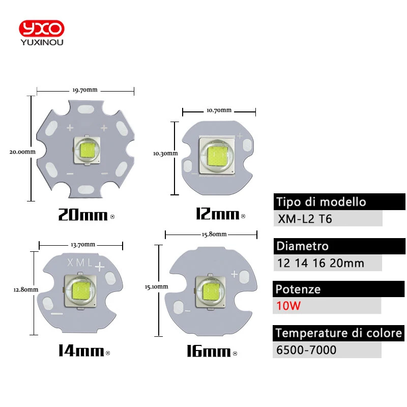 1 pces xml2 led XM-L2 t6 u2 10w branco neutro branco quente alta potência led emissor com 12mm 14mm 16mm 20mm pcb para diy